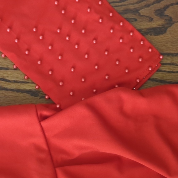 New Red Jumpsuit knit pearl encrusted slit bell sleeves square neck NWT sz L - Picture 7 of 9